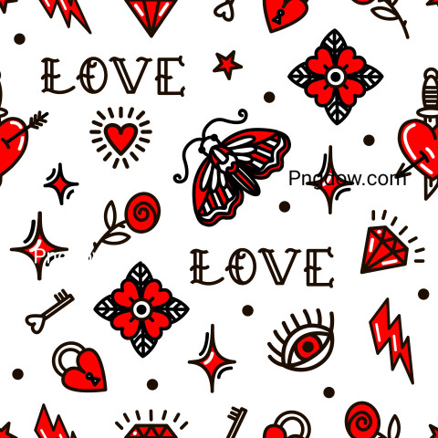Old School Tattoo Seamless Pattern with Love Symbols  Design for Valentines Day for Free image
