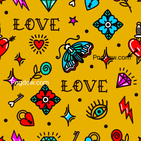 Old School Tattoo Seamless Pattern with Love Symbols  Design for Valentines Day For Free