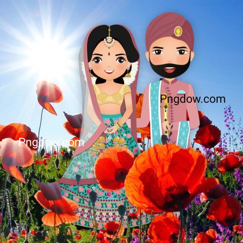 Cute couple in traditional indian dress cartoon character Romantic wedding invitation card for Free Download