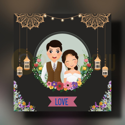 Cute couple in traditional indian dress cartoon character Romantic wedding invitation card for Free Download