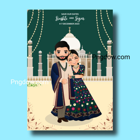 Wedding invitation card the bride and groom cute couple in traditional indian dress cartoon character. Vector.