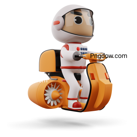 Delivery Spaceman Riding Flying Motorcycle with Delivery Box, 3D Rendering
