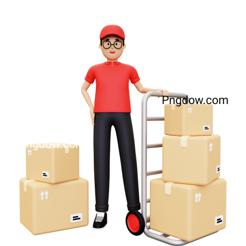 3d Deliveryman with packages trolley transparent background for Free
