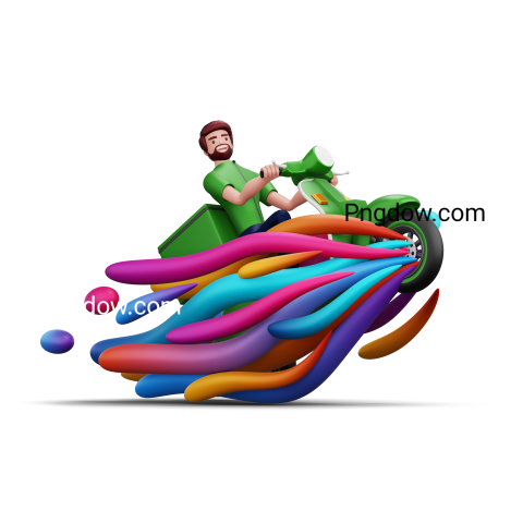Delivery man riding a motorcycle with delivery box and colorful wind, 3d rendering transparent background for Free