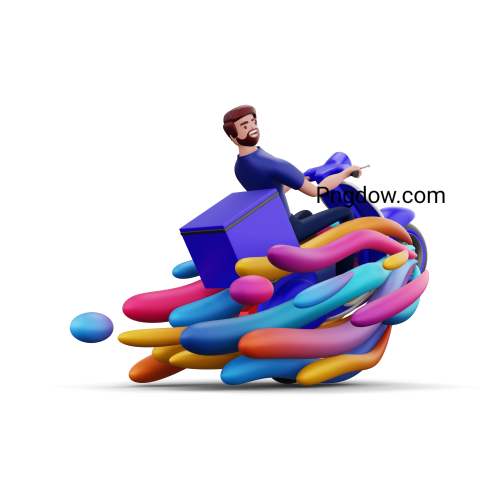Delivery man riding a motorcycle with delivery box and colorful wind, 3d rendering for Free Download