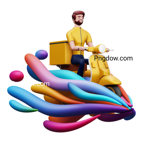 Delivery man riding a motorcycle with delivery box and colorful wind, 3d rendering