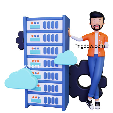 Free Vector transparent background, 3d Man doing server cloud hosting