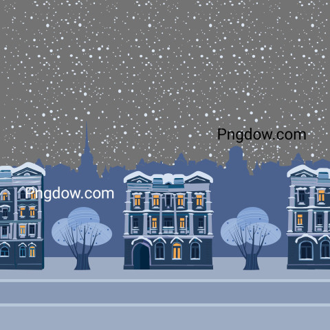 Urban Winter City Street with Old Town Houses and Trees Cityscape  Vector Illustration Isolated Trendy Flat Cartoon Style