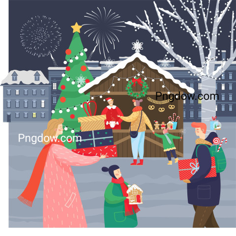 Christmas Market at Night People with Gifts Vector