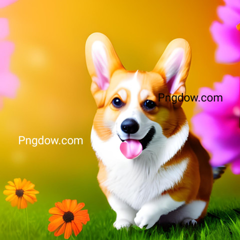 Photo smiling cute corgi holding bouquet in colorful flowers isolated warm background (2)
