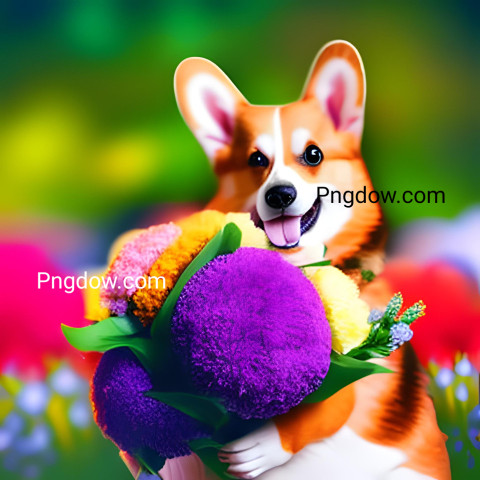 Photo smiling cute corgi holding bouquet in colorful flowers isolated warm background (1)