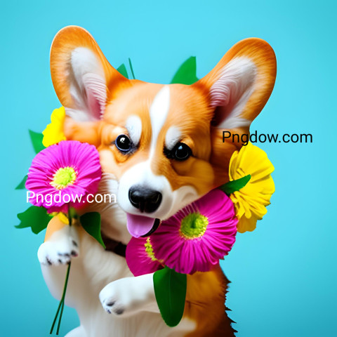 Photo smiling cute corgi holding bouquet in colorful flowers isolated warm background (5)