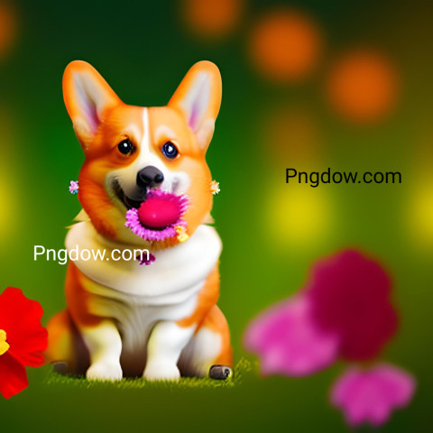 Photo smiling cute corgi holding bouquet in colorful flowers isolated warm background (7)