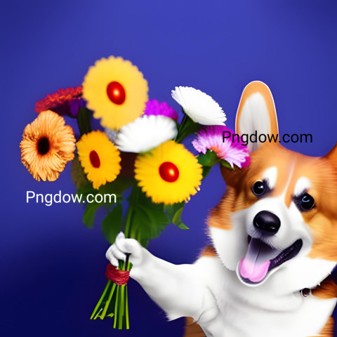 Photo smiling cute corgi holding bouquet in colorful flowers isolated warm background (8)