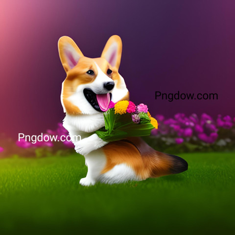 Photo smiling cute corgi holding bouquet in colorful flowers isolated warm background (9)