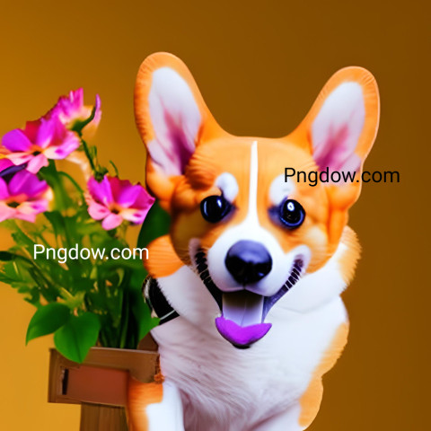 Photo smiling cute corgi holding bouquet in colorful flowers isolated warm background (11)