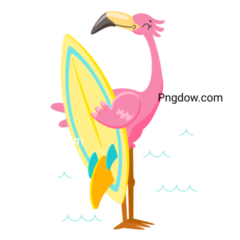 Flamingo with Surfboard, transparent background for Free