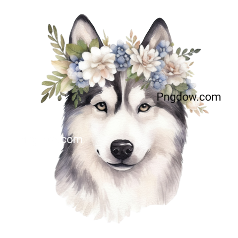 Watercolor Husky with Flower Crown, transparent background