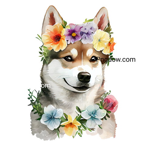 Cute Siberian Husky Dog Flowers Watercolor Illustration