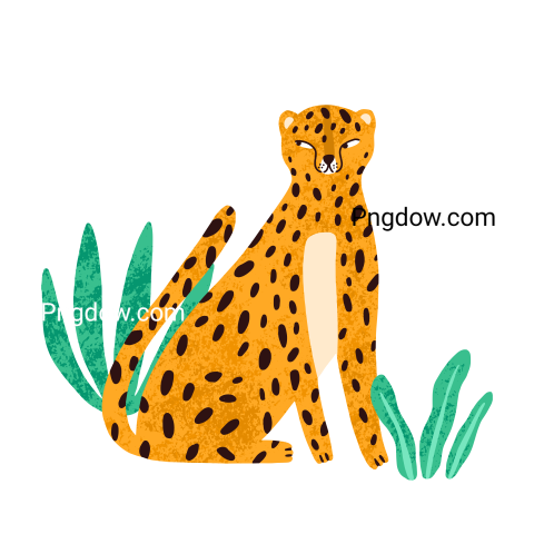 Funny cunning leopard sitting in exotic plants vector flat illustration  Cute spotted wild cat isolated on white background  Amusing hand drawn predator animal in tropical bushes