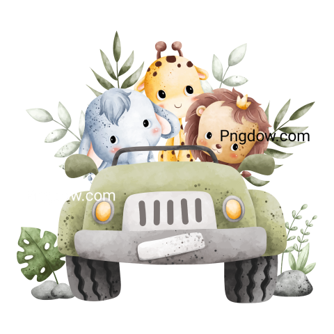 Watercolor Illustration cute baby animals riding green safari jeep