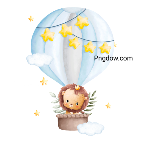 Watercolor illustration Cute baby lion in hot air balloon