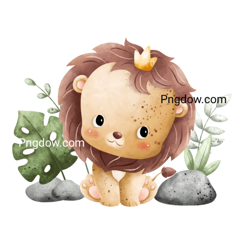 Watercolor Illustration cute baby lion sitting on the grass with leaves