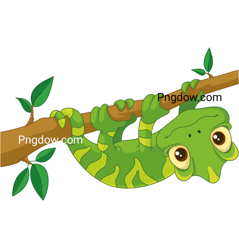 Chameleon hanging on branch cartoon illustration, transparent Background