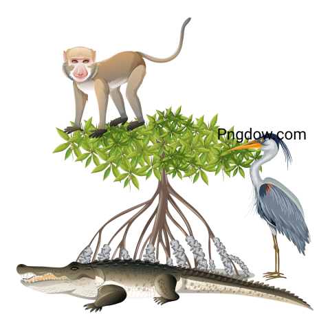 Monkey on Mangrove Tree with Great Blue Heron in Cartoon Style O