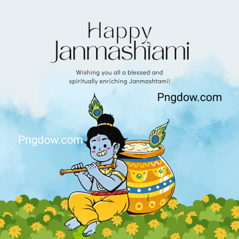 Blue & Yellow Color Cute Illustrative Janmashtami Social Media Graphic