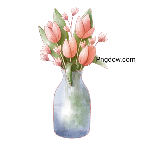 Watercolor flowers in vase, transparent background