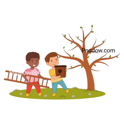 Happy Boys Walking with Nesting Box and Ladder Engaged in Spring Season Activity Vector Illustration
