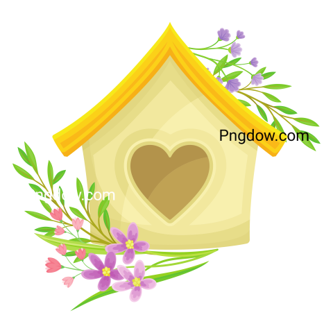 Wooden Nesting Box with Blooming Flower and Grass Blades as Spring Vector Composition