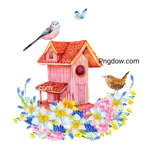 Birdhouse flowers birds Watercolor illustration w
