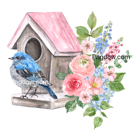 Watercolor bluebird, nest box, and floral arrangement