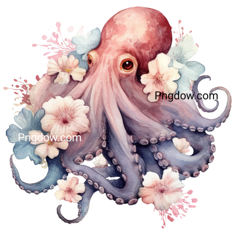 Watercolor Octopus with Flowers