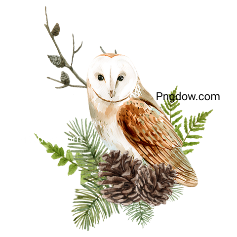 Watercolor Owl Bird on a Branch of Leaves Illustration