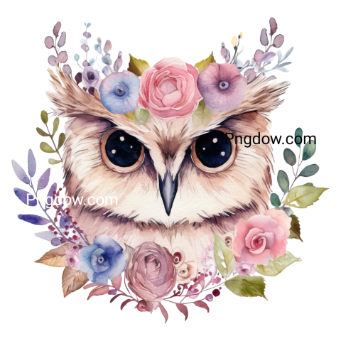 Watercolor Owl with Flower Decorations