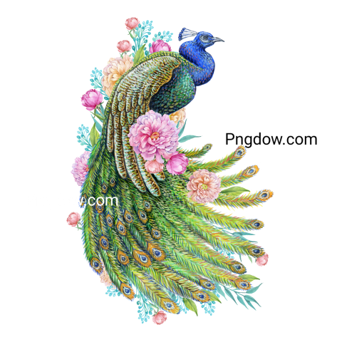 Peacock and Flowers Watercolor Illustration