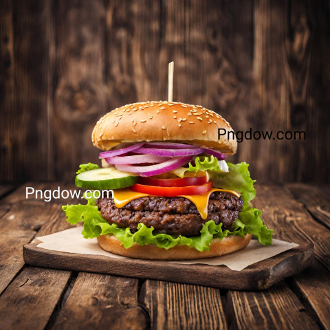 Delicious and Mouthwatering High Resolution Hamburger on a Wooden Table