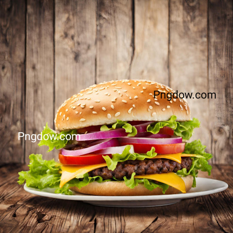 Mouthwatering High Resolution Hamburger on a Rustic Wooden Table