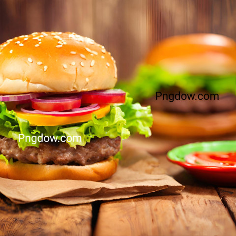 Delicious and Mouth watering Hamburger on a Wooden Table   High Resolution and Completely Free