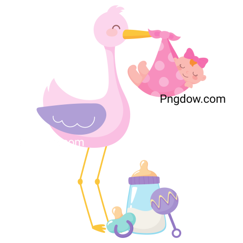 Stork with Girl, Milk Bottle, Rattle and Pacifier