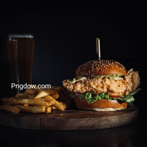 Burger and Fries on Brown Wooden Round Tray