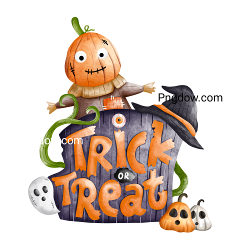Halloween Pumpkin, Pumpkin kid with Trick or Treat sign, watercolor illustration, Halloween decorations