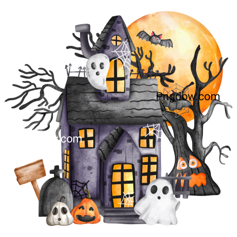 Haunted House with a full moon  Halloween Castle Watercolor  Ghost House Halloween