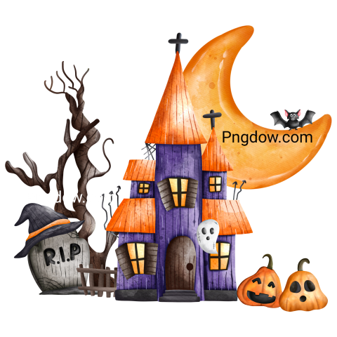 Halloween Pumpkin, Pumpkin kid with haunted house, watercolor illustration, Halloween decorations free download