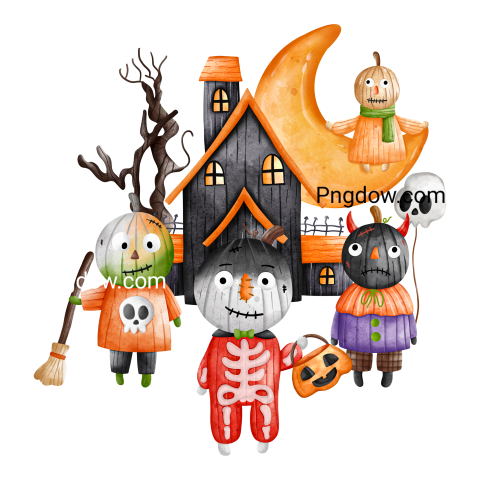 Halloween Pumpkin, Pumpkin kid with haunted house, watercolor illustration, Halloween decorations