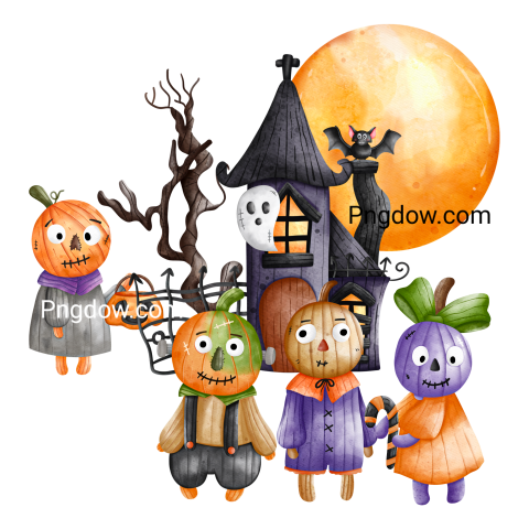 Halloween Pumpkin, Pumpkin kid with haunted house, watercolor illustration Halloween decorations