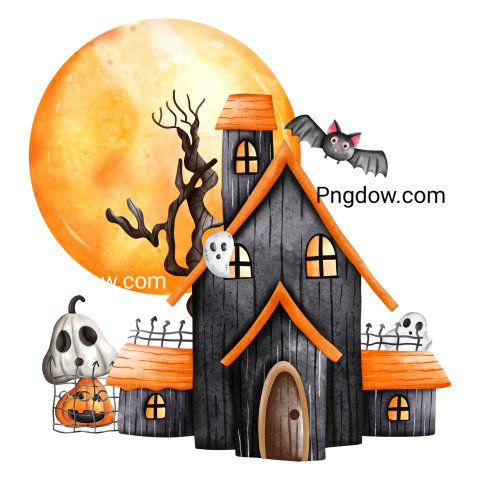 Halloween Pumpkin, Pumpkin kid with haunted house, watercolor illustration, Halloween decorations image